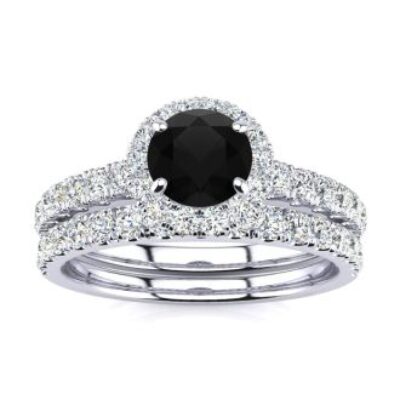 Black Diamond Rings | 1/2 Carat Round Black Diamond Halo Bridal Set In 14 Karat White Gold