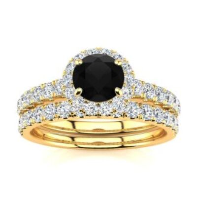 Black Diamond Rings | 1/2 Carat Round Black Diamond Halo Bridal Set In 14 Karat Yellow Gold