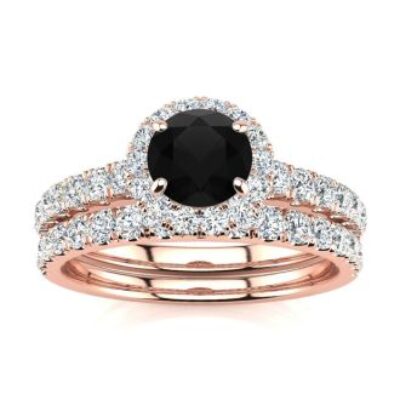 Black Diamond Rings | 1/2 Carat Round Black Diamond Halo Bridal Set In 14 Karat Rose Gold