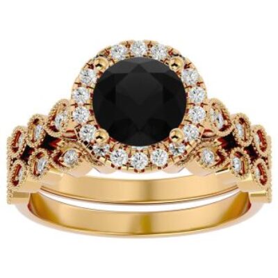 Black Diamond Rings  | 2 Carat Black Diamond Bridal Set In 14 Karat Yellow Gold