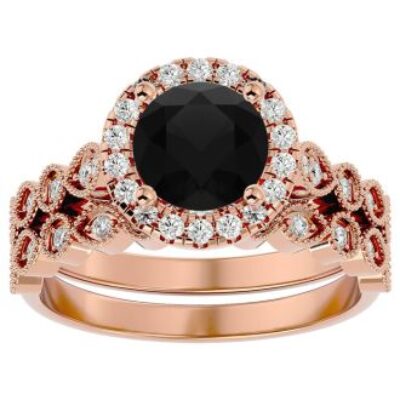 Black Diamond Rings  | 2 Carat Black Diamond Bridal Set In 14 Karat Rose Gold