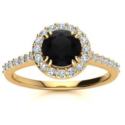 Black Diamond Rings | 1 Carat Round Shape Halo Black Diamond Engagement Ring In 14 Karat Yellow Gold