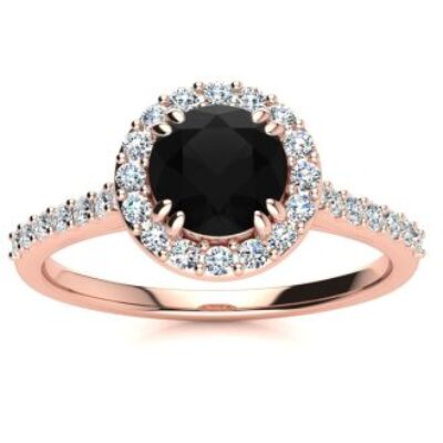 Black Diamond Rings | 1 Carat Round Shape Halo Black Diamond Engagement Ring In 14 Karat Rose Gold