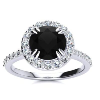 Black Diamond Rings | 2 Carat Round Shape Halo Black Diamond Engagement Ring In 14 Karat White Gold
