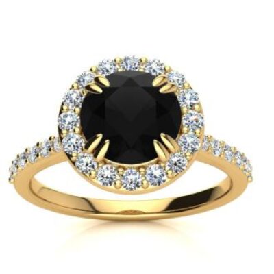 Black Diamond Rings | 2 Carat Round Shape Halo Black Diamond Engagement Ring In 14 Karat Yellow Gold