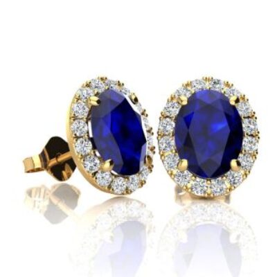 Sapphire Earrings | September Birthstone | 2 1/4ct Oval Sapphire and Halo Diamond Stud Earrings In 14K Yellow Gold | SuperJeweler