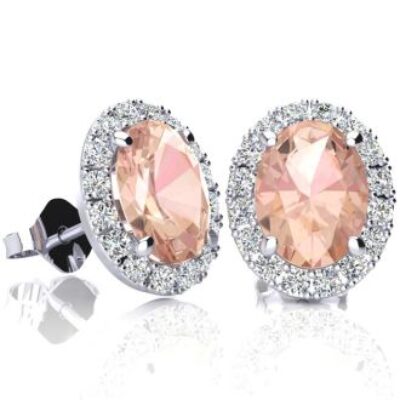 Morganite Earrings | Oval Shape Morganite Earrings and Diamond Halo In 14 Karat White Gold