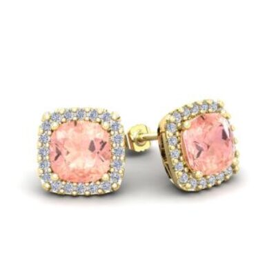 Morganite Earrings | Cushion Shape Morganite Earrings and Diamond Halo In 14 Karat Yellow Gold