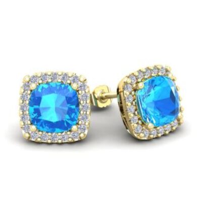 December Birthstone | Blue Topaz Earrings | 4 Carat Cushion Cut Blue Topaz and Halo Diamond Stud Earrings In 14 Karat Yellow Gold