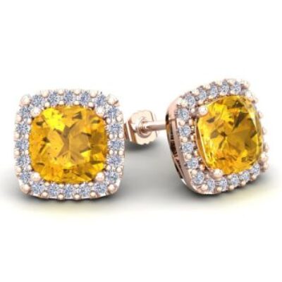 November Birthstone | Citrine Earrings | 4 3/4 Carat Cushion Cut Citrine and Halo Diamond Stud Earrings In 14 Karat Rose Gold | SuperJeweler