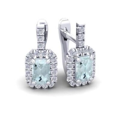 Aquamarine Earrings | March Birthstone | 1 2/3 Carat Aquamarine and Halo Diamond Dangle Earrings In 14 Karat White Gold