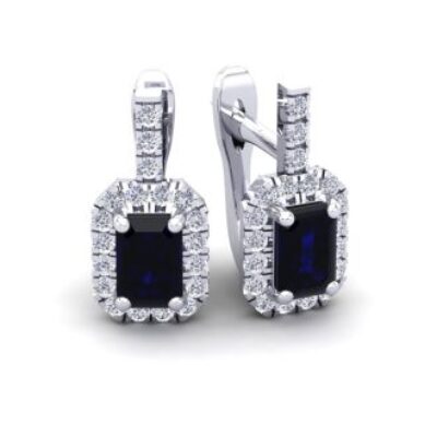 Sapphire Earrings | September Birthstone | 2 Carat Sapphire and Halo Diamond Dangle Earrings In 14 Karat White Gold | SuperJeweler