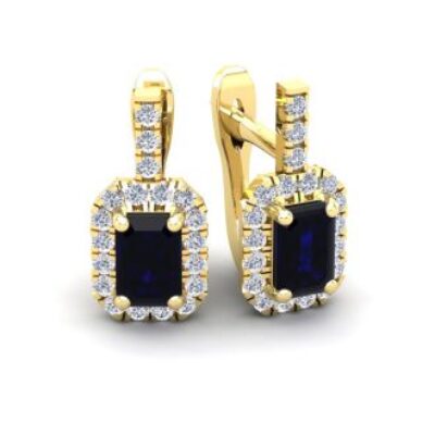 Sapphire Earrings | September Birthstone | 2 Carat Sapphire and Halo Diamond Dangle Earrings In 14 Karat Yellow Gold | SuperJeweler