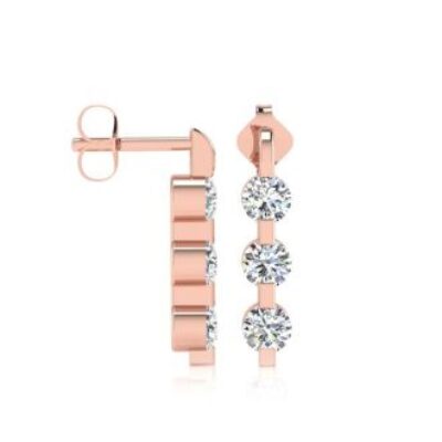 Diamond Drop Earrings | 1/4ct Three Diamond Linear Earrings In 14K Rose Gold