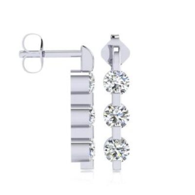 Diamond Drop Earrings | 1ct Three Diamond Linear Earrings In 14K White Gold