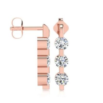 Diamond Drop Earrings | 1ct Three Diamond Linear Earrings In 14K Rose Gold