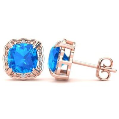 December Birthstone | Blue Topaz Earrings | 2ct Cushion Cut Blue Topaz and Diamond Earrings In Rose Gold | SuperJeweler