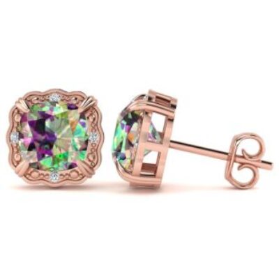 Mystic Topaz | Mystic Topaz Earrings | 2ct Cushion Cut Mystic Topaz and Diamond Earrings in 10k Rose Gold | SuperJeweler