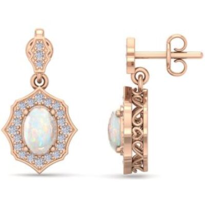 Opal Earrings | Opal Earrings Oval Shape Opal with Diamonds Dangles In 14 Karat Rose Gold