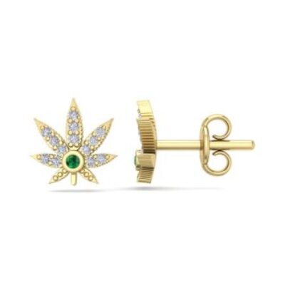 1/4 Carat Diamond and Emerald Weed Leaf Earrings In 14K Yellow Gold | SuperJeweler