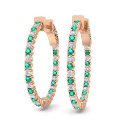 Emerald Earrings | May Birthstone | 1 Carat Emerald and Diamond Hoop Earrings In 14 Karat Rose Gold, 3/4 Inch | SuperJeweler