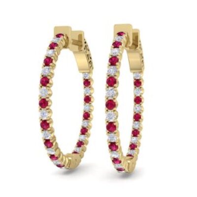 Ruby Earrings | July Birthstone | 1 Carat Ruby and Diamond Hoop Earrings In 14 Karat Yellow Gold, 3/4 Inch | SuperJeweler