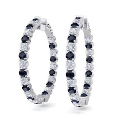 Sapphire Earrings | September Birthstone | 5 Carat Sapphire and Diamond Hoop Earrings In 14 Karat White Gold, 1 1/2 Inches | SuperJeweler