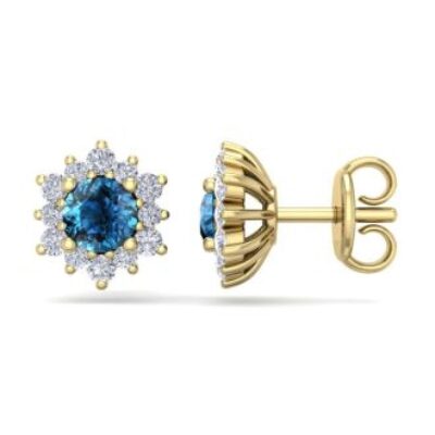 Diamond Stud Earrings | 1 Carat Round Shape Flower Blue Diamond Halo Stud Earrings In 14 Karat Yellow Gold | SuperJeweler