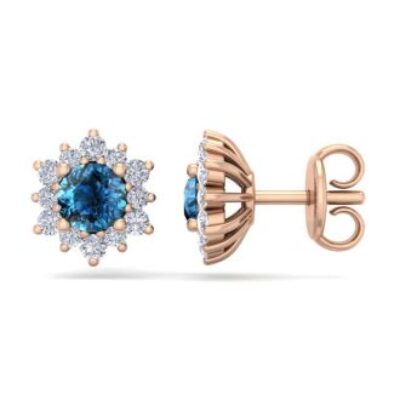 Diamond Stud Earrings | 1 Carat Round Shape Flower Blue Diamond Halo Stud Earrings In 14 Karat Rose Gold | SuperJeweler