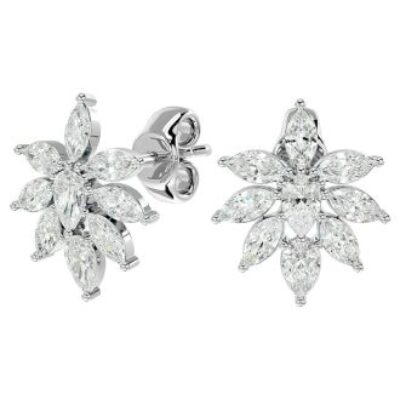 Diamond Drop Earrings | 2 Carat Fancy Diamond Cluster Stud Earrings In 14 Karat White Gold