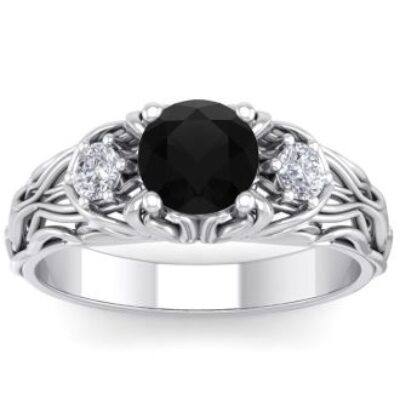 Black Diamond Rings | 1 1/4 Carat Round Shape Black Diamond Intricate Vine Engagement Ring