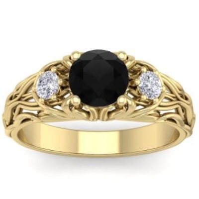 Black Diamond Rings | 1 1/4 Carat Round Shape Black Diamond Intricate Vine Engagement Ring