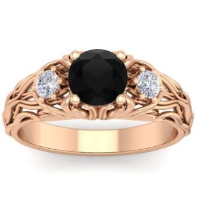 Black Diamond Rings | 1 1/4 Carat Round Shape Black Diamond Intricate Vine Engagement Ring