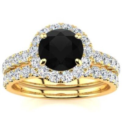 Black Diamond Rings | 2 Carat Round Black Diamond Halo Bridal Set