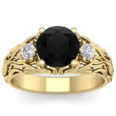 Black Diamond Rings | 2 1/4 Carat Round Shape Black Diamond Intricate Vine Engagement Ring