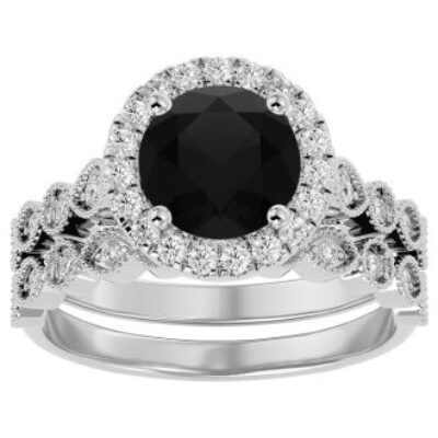 Black Diamond Rings | 2 1/2 Carat Halo Black Diamond Bridal Set