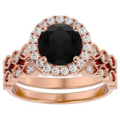 Black Diamond Rings | 2 1/2 Carat Halo Black Diamond Bridal Set