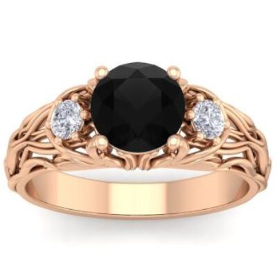 Black Diamond Rings | 1 3/4 Carat Round Shape Black Diamond Intricate Vine Engagement Ring In 14 Karat Rose Gold