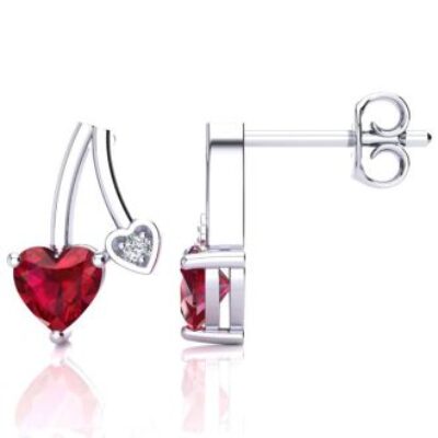 Ruby Earrings | July Birthstone | 3/4ct Created Ruby and Diamond Heart Earrings In 10k White Gold | SuperJeweler