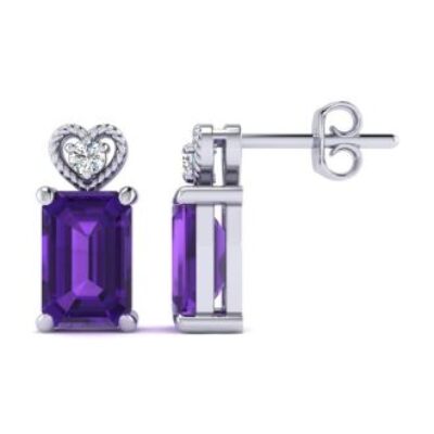 Amethyst Earrings | February Birthstone | 1ct Octagon Shape Amethyst and Diamond Earrings in 10k White Gold | SuperJeweler